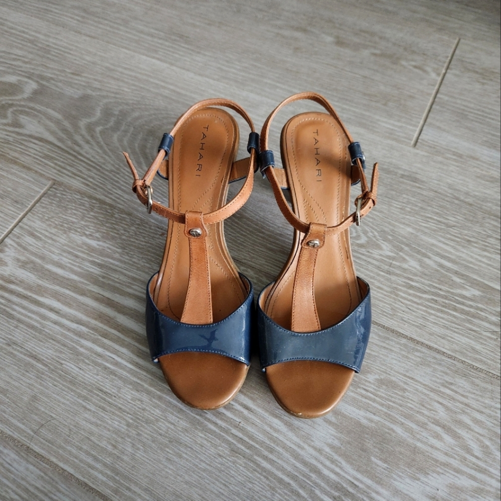 Tahari Tan and Navy Blue Sandal Heels
